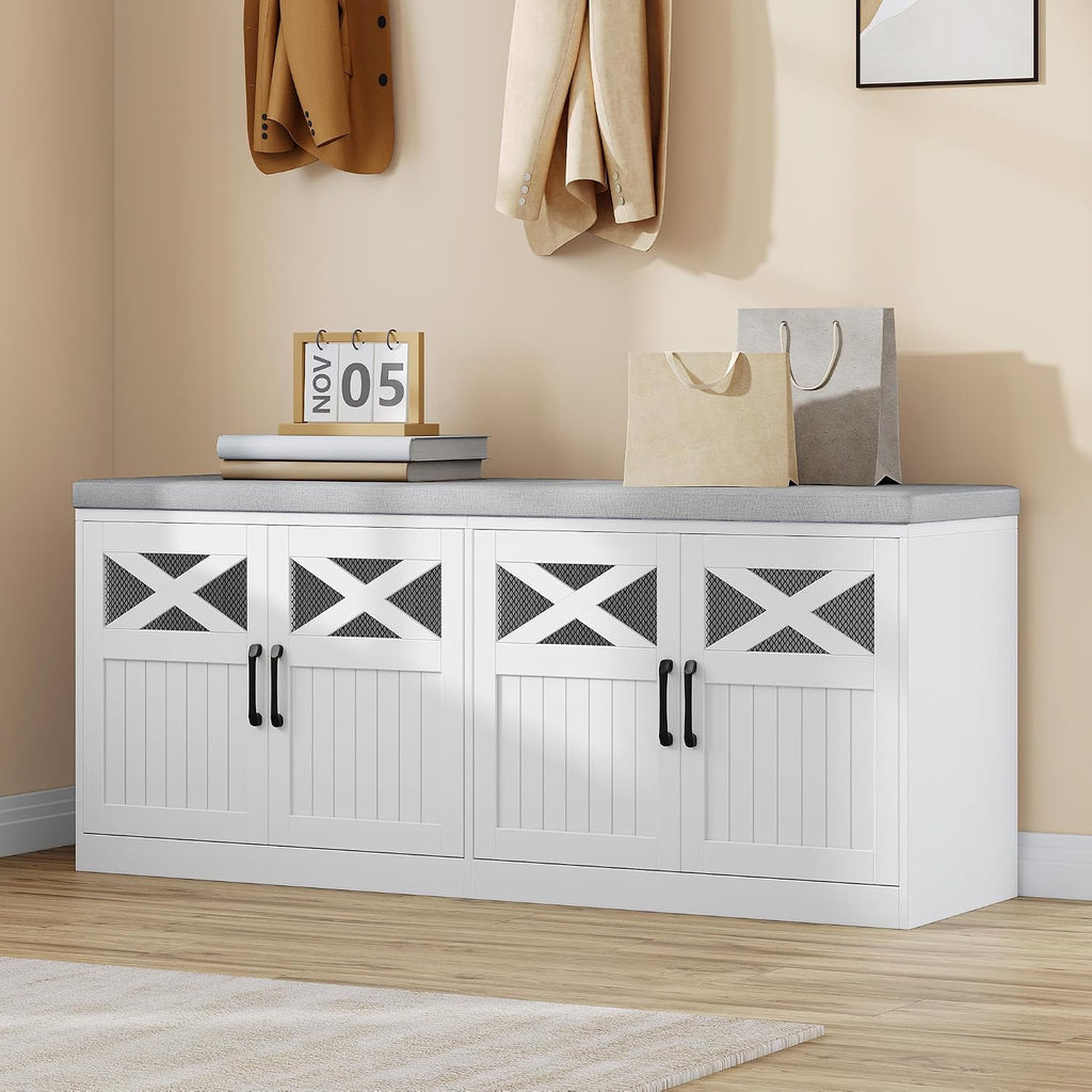 47.2" Shoe Bench with 4 Barn Doors & Padded Seat