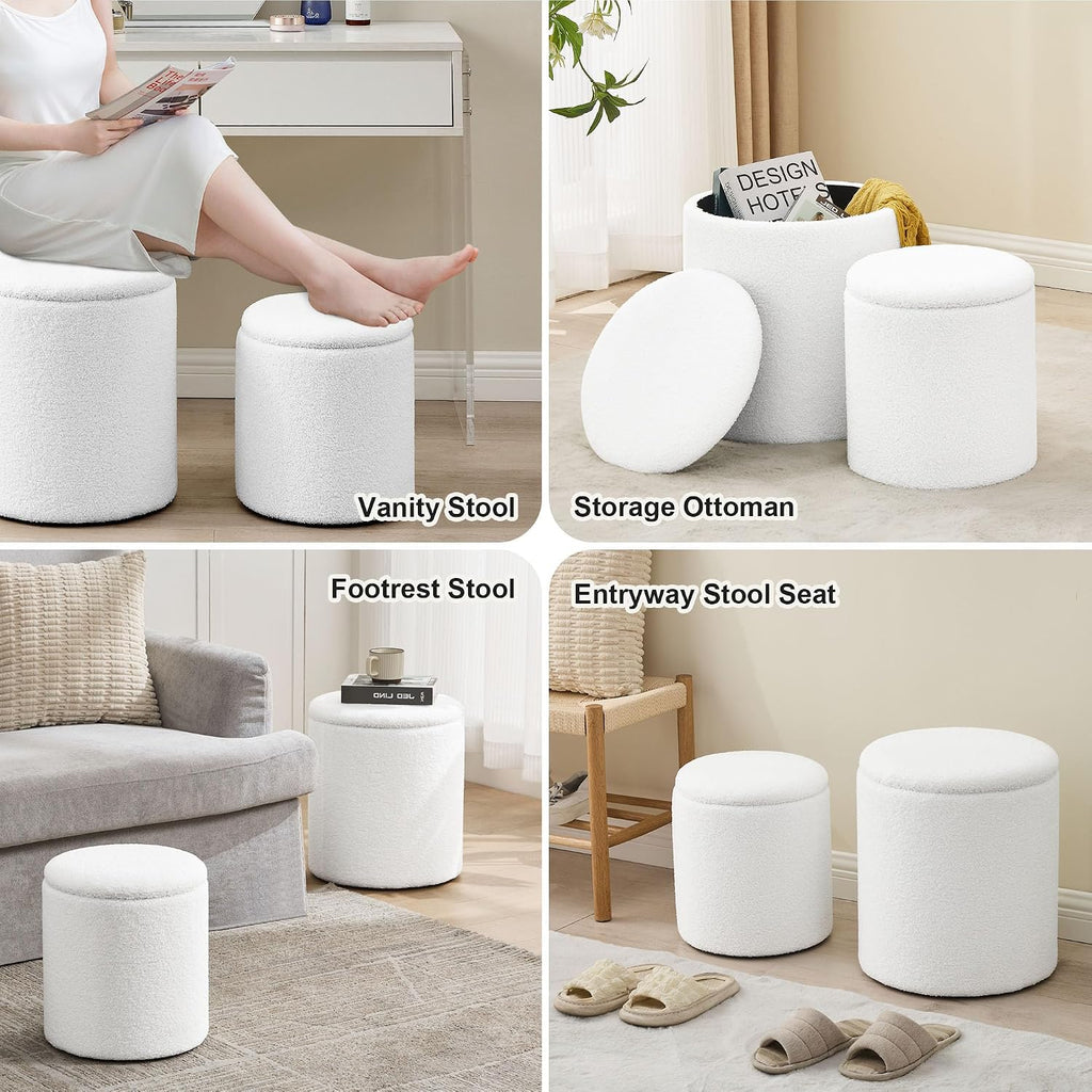 Set‑of‑2 Boucle Round Storage Ottoman Foot Stools
