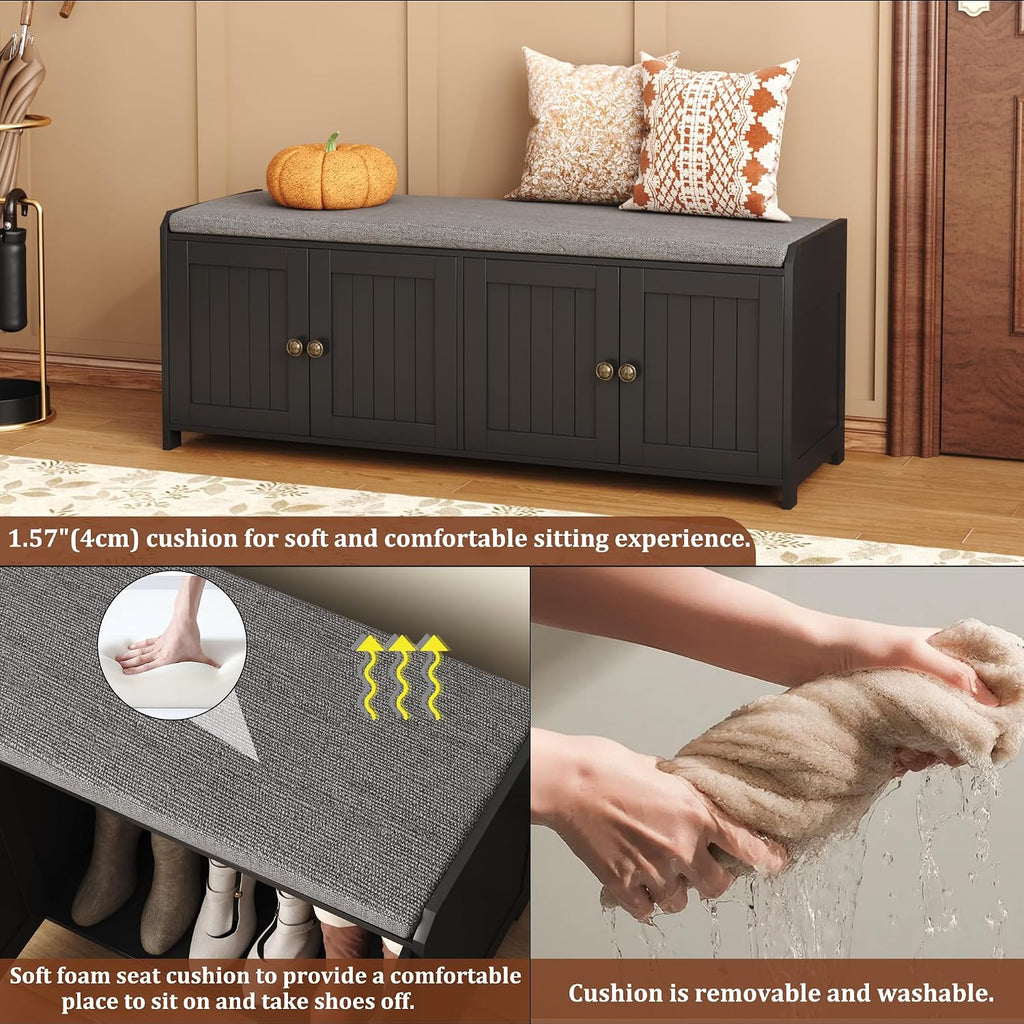 Black 48.4" Wooden Shoe Storage Bench