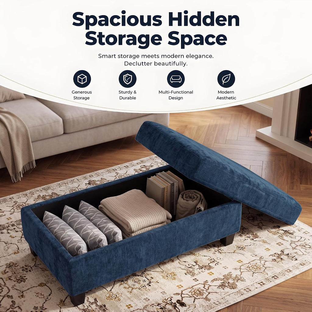 45.3" Chenille Ottoman Bench Reversible Wooden Tray