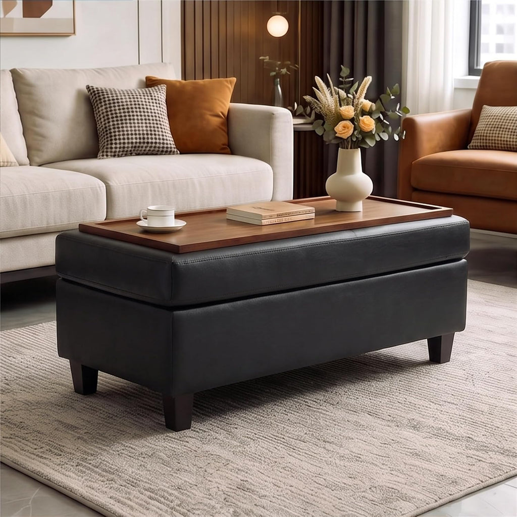 45" Leather Ottoman Bench with Reversible Wooden Tray