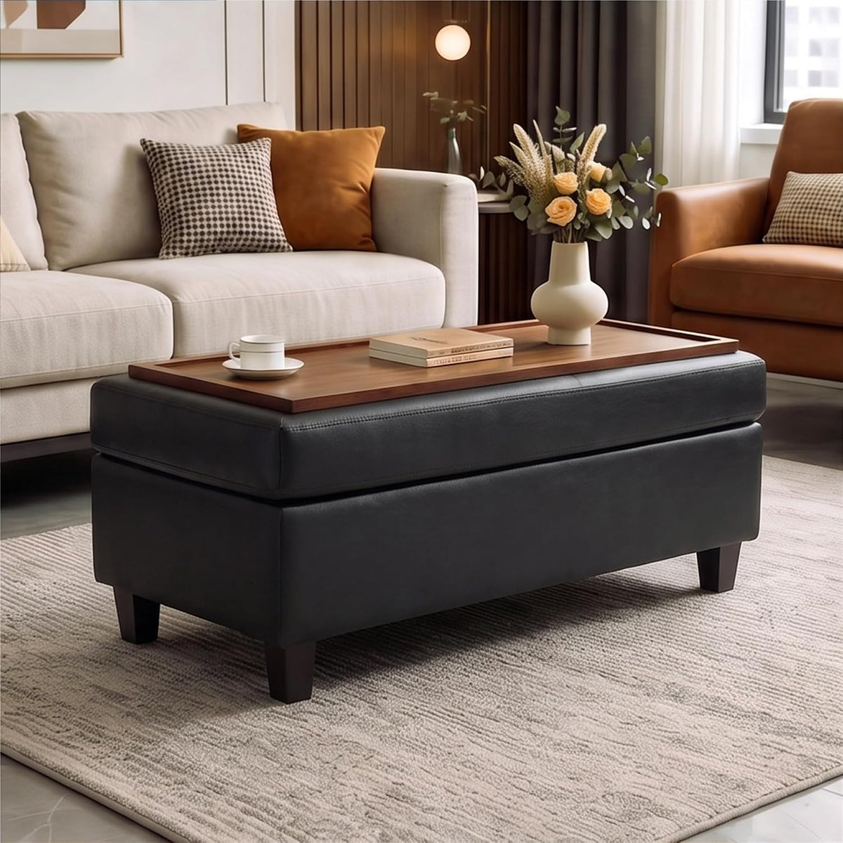 45" Leather Ottoman Bench with Reversible Wooden Tray