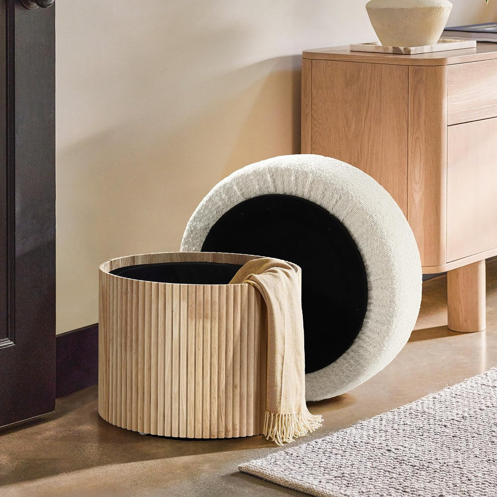 Small Fluted‑Wood Base Padded Storage Ottoman
