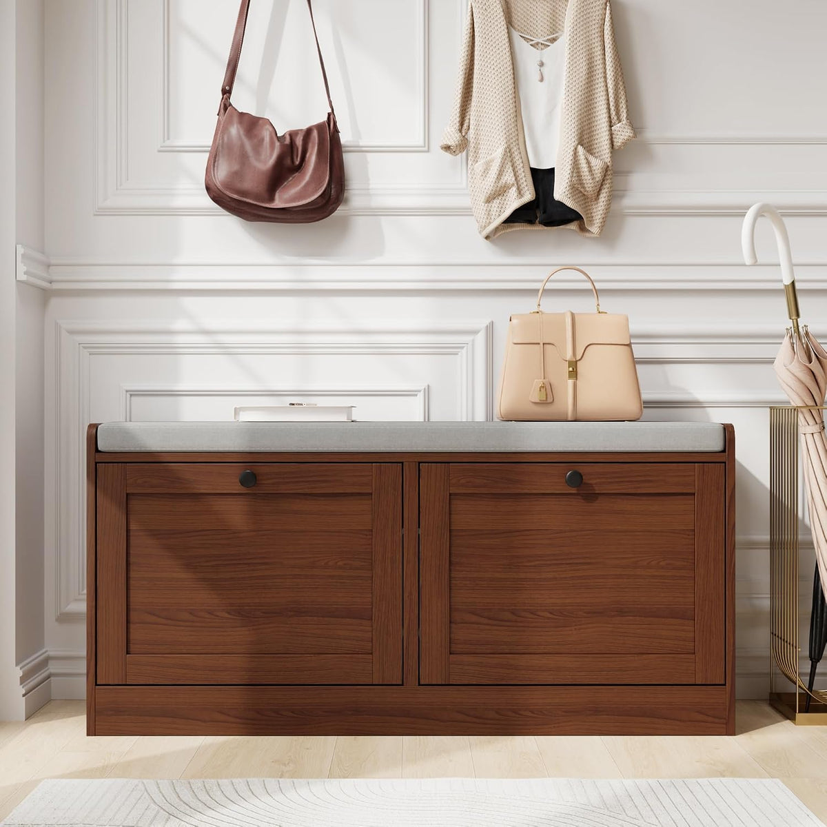 Brown Wooden Entryway Storage Shoe Bench