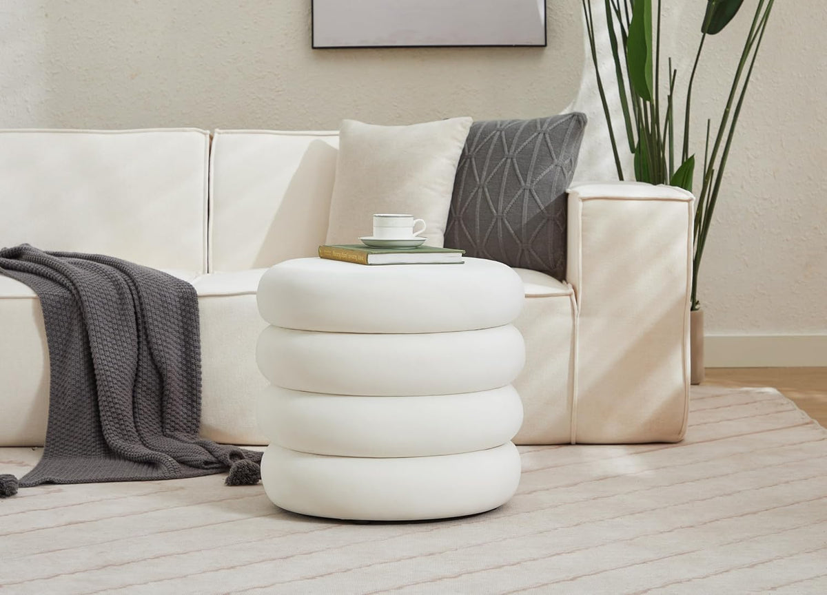 White Velvet Round Vanity Storage Ottoman