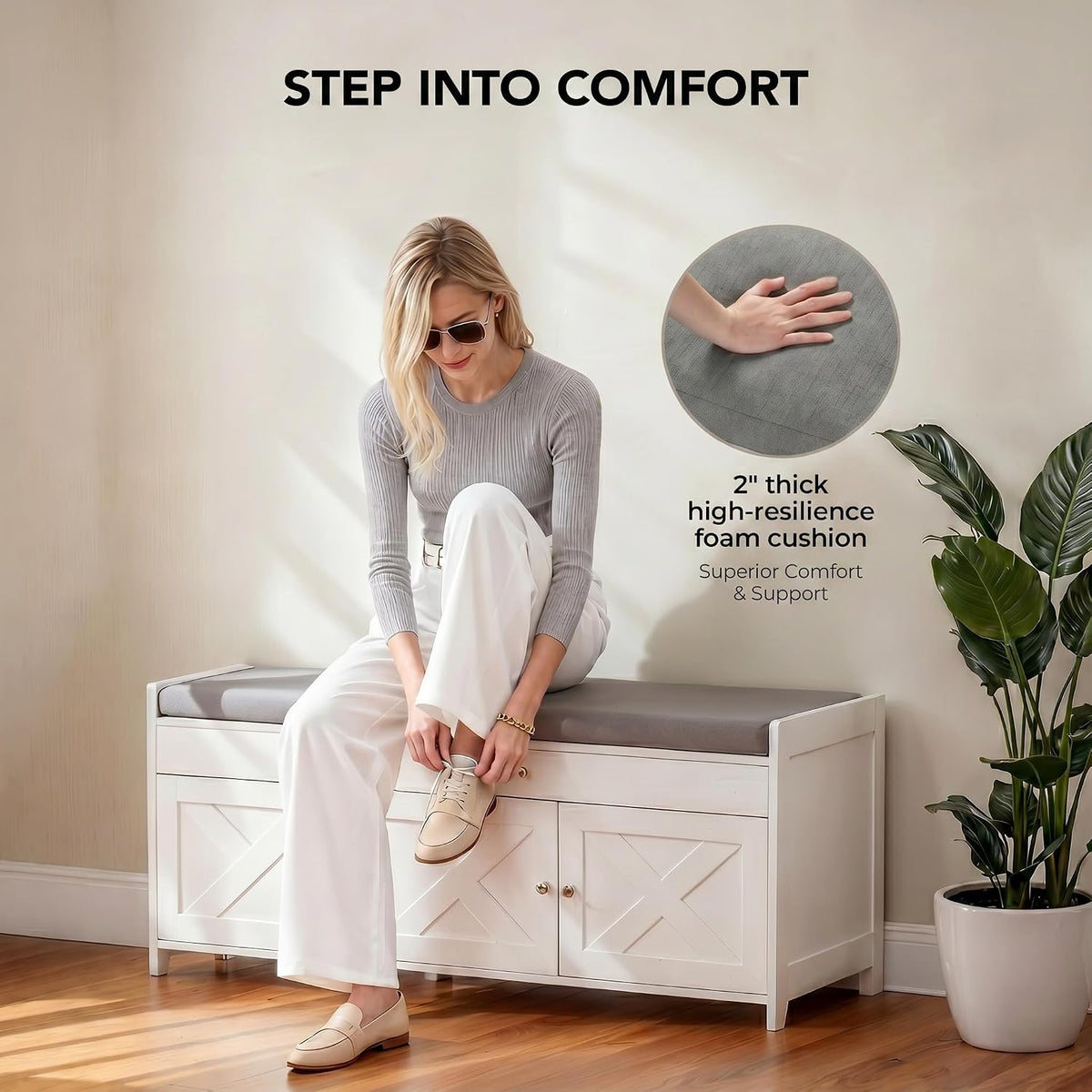 White Farmhouse Entryway Shoe Bench