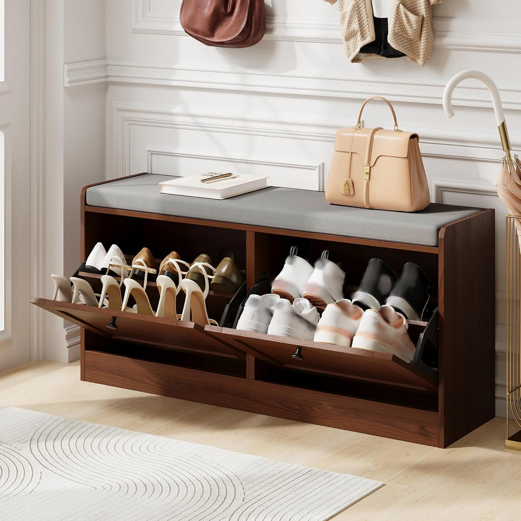 Brown Wooden Entryway Storage Shoe Bench