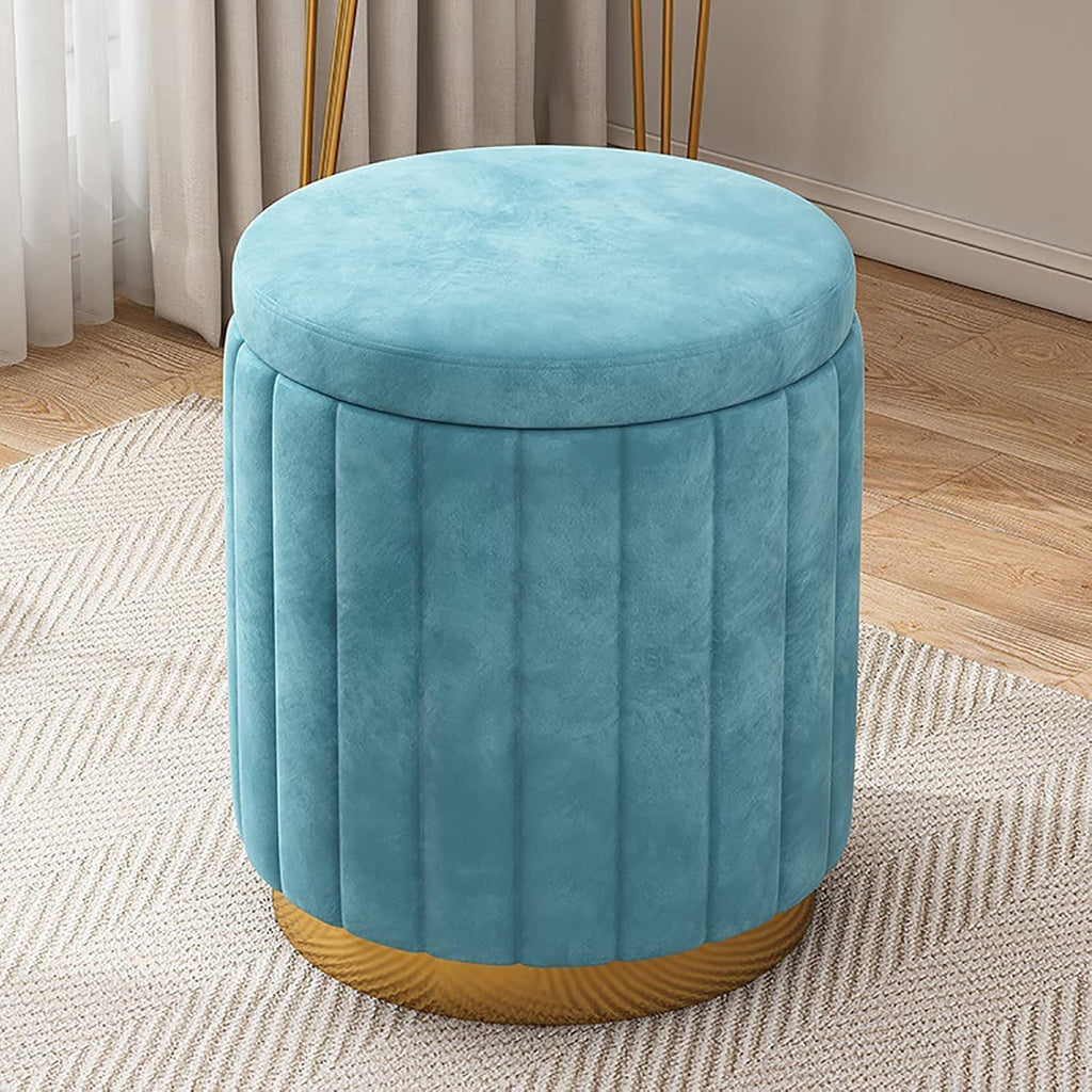 Round Blue Velvet Storage Ottoman, Padded Seat