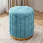 Round Blue Velvet Storage Ottoman, Padded Seat
