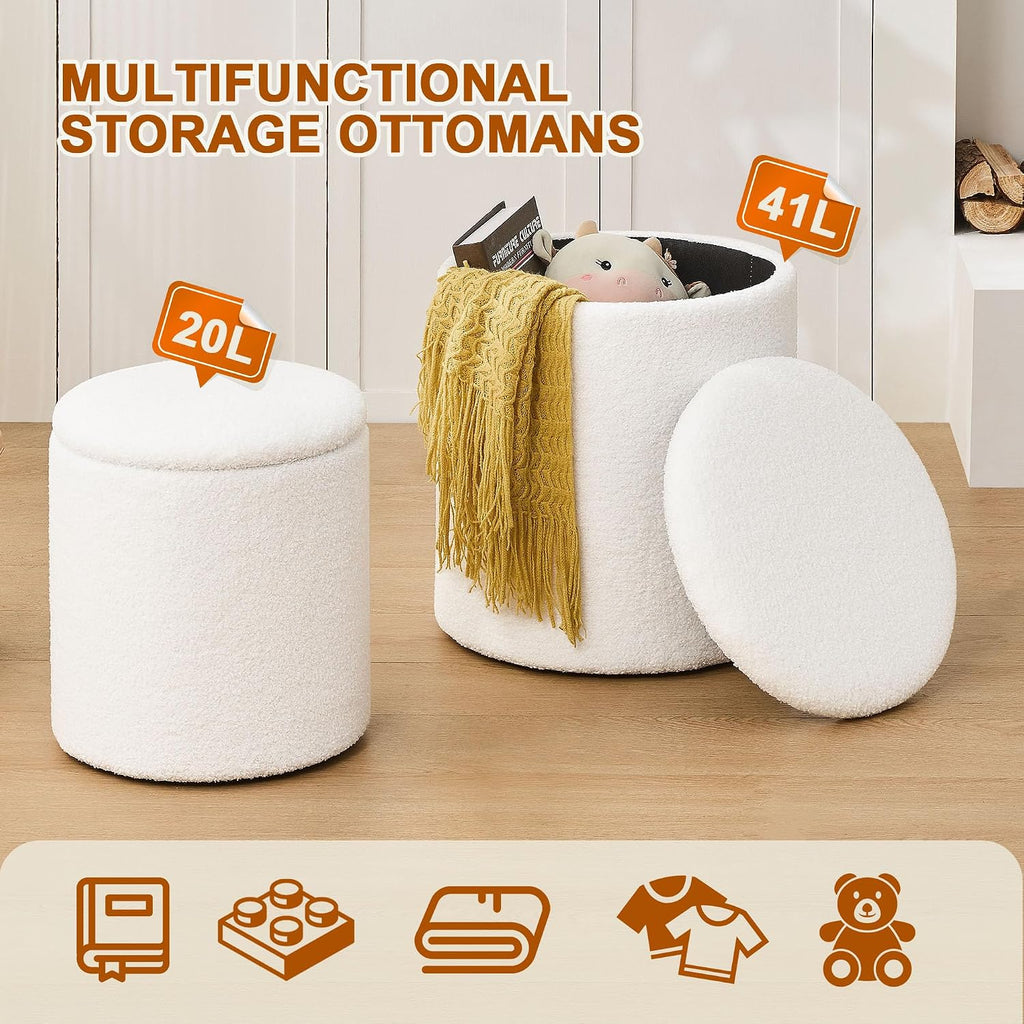 Set‑of‑2 Boucle Round Storage Ottoman Foot Stools
