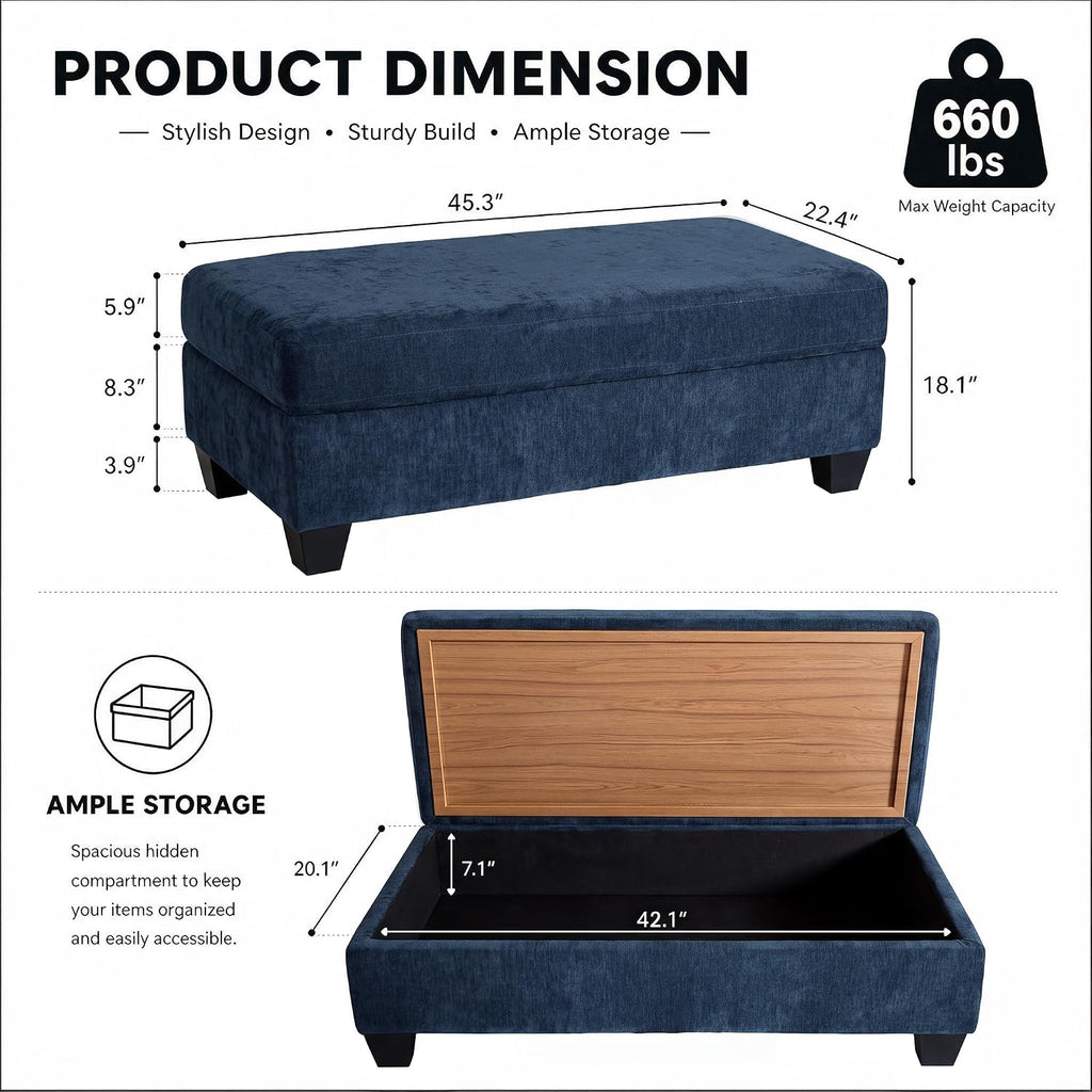 45.3" Chenille Ottoman Bench Reversible Wooden Tray
