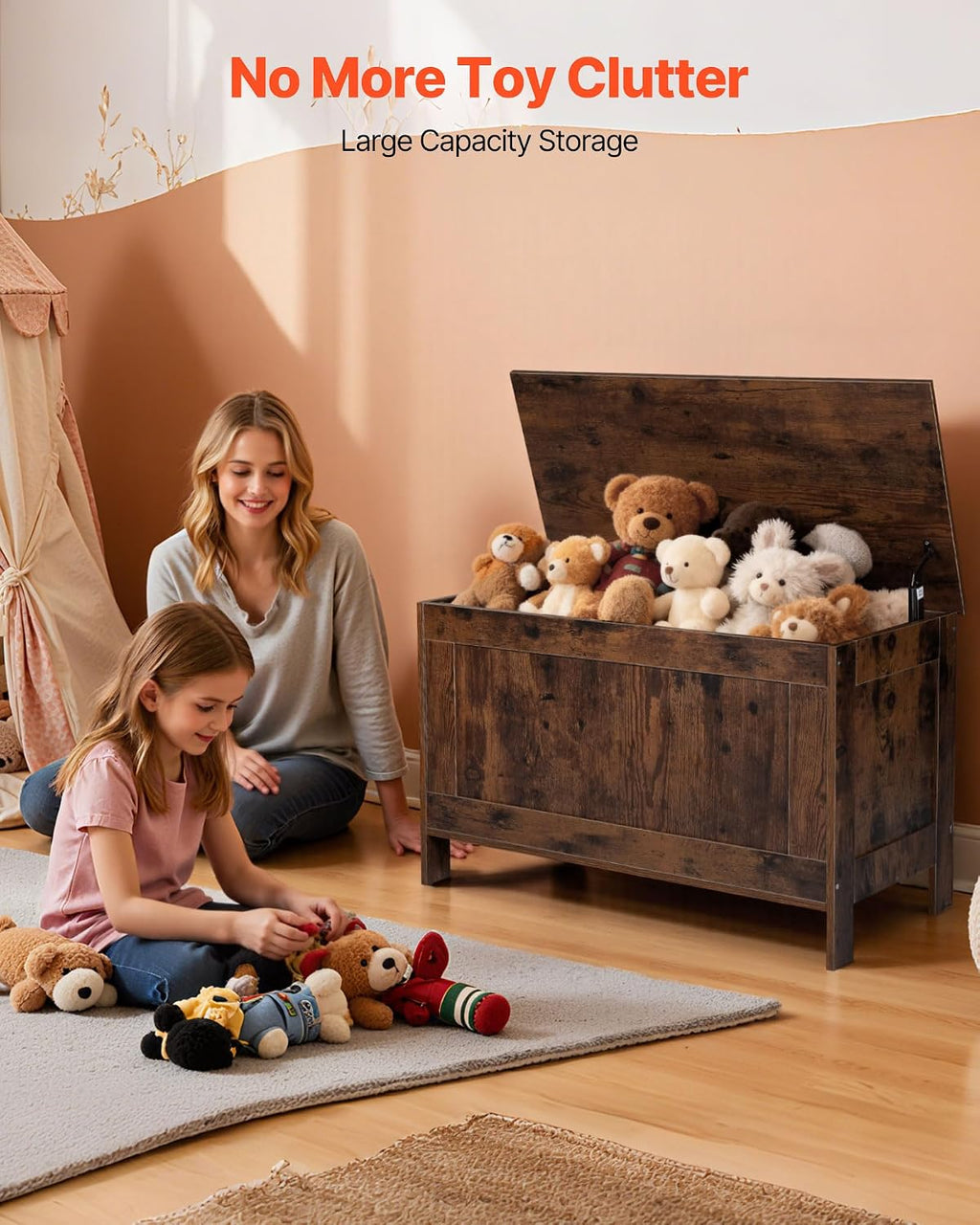 29.7" Kids Wooden Toy Chest Bench with Safety Hinge
