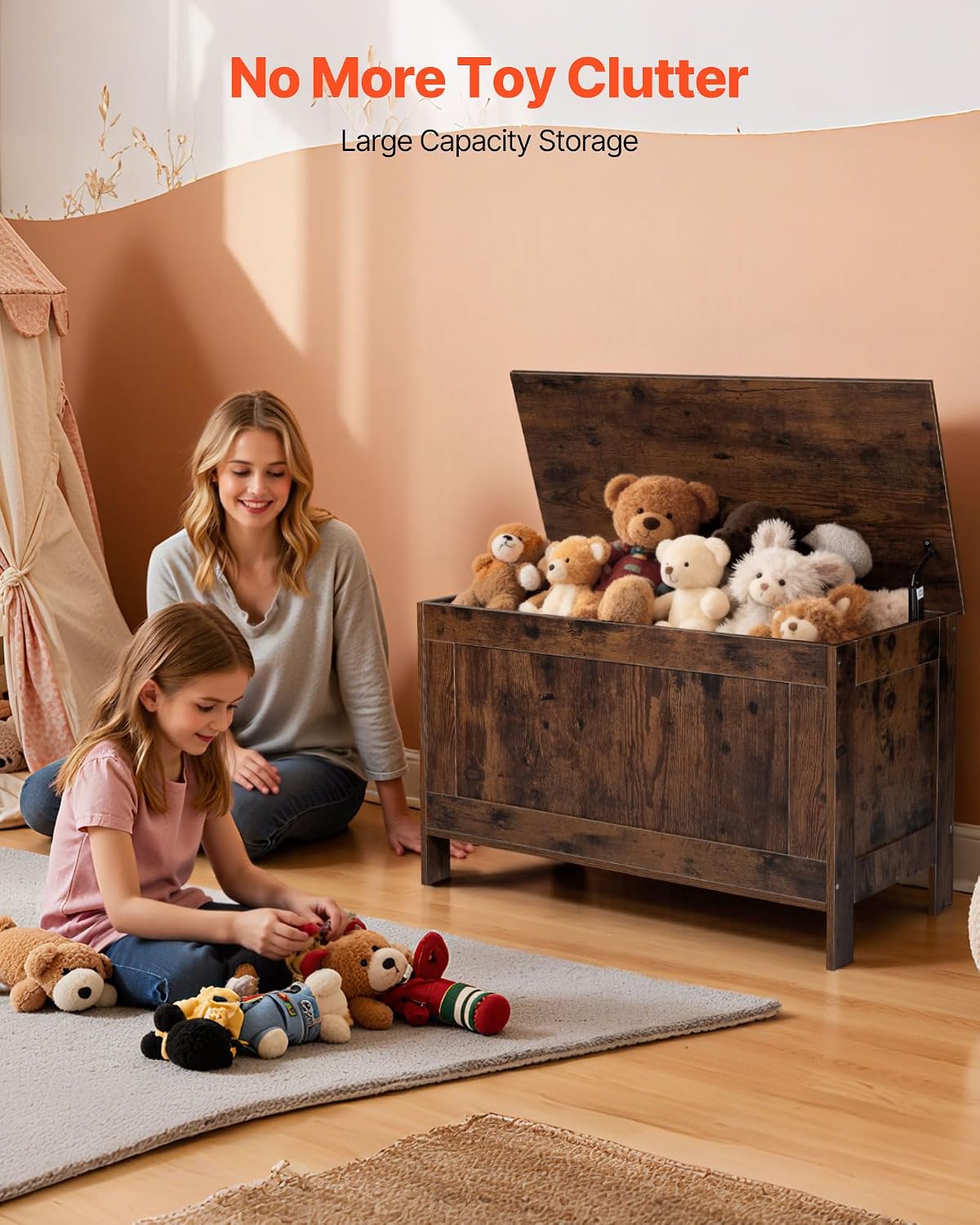 29.7" Kids Wooden Toy Chest Bench with Safety Hinge