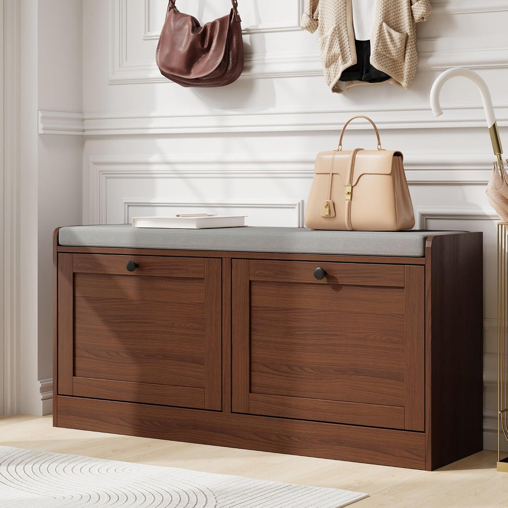 Brown Wooden Entryway Storage Shoe Bench