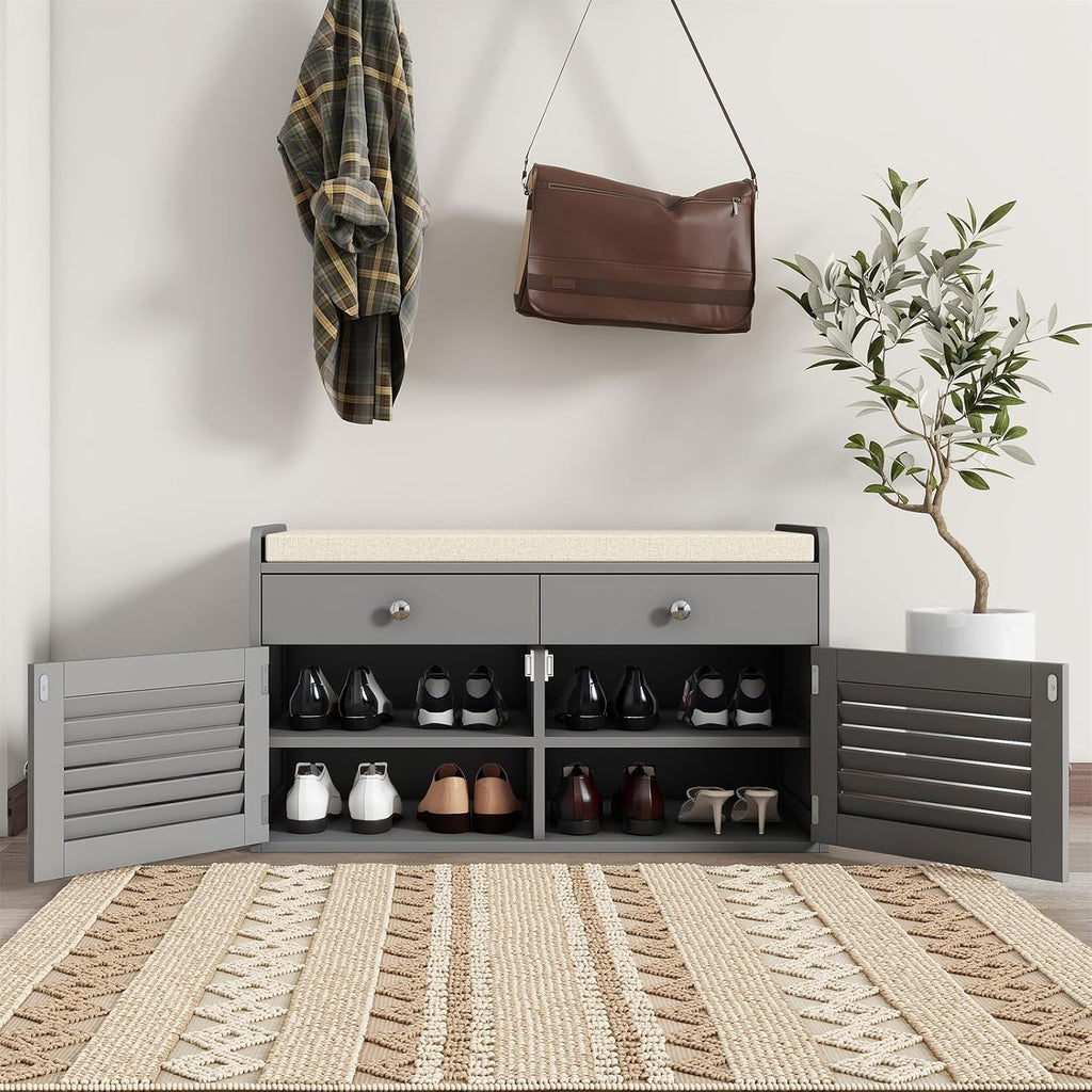 Shoe Bench with 2 Drawers & Cushioned Seat