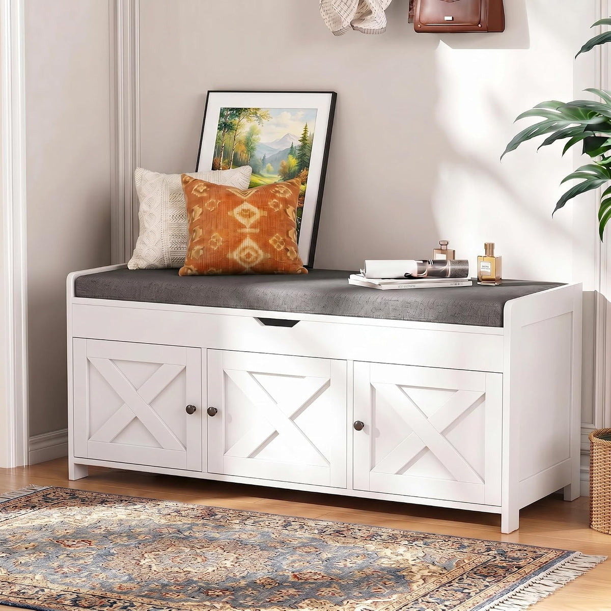 White Farmhouse Entryway Shoe Bench