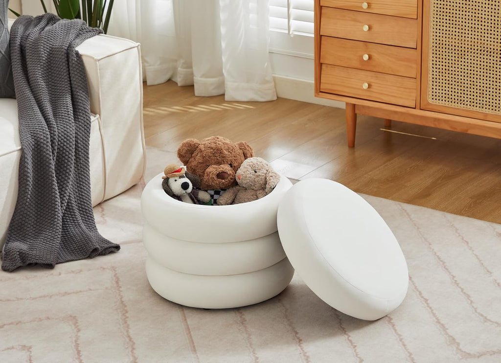 White Velvet Round Vanity Storage Ottoman