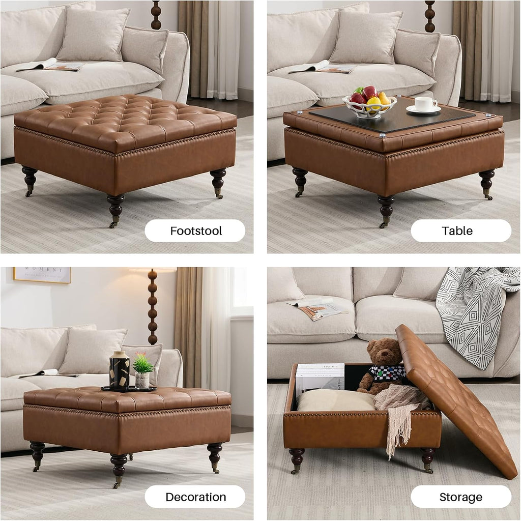 Large Brown Square PU Button Storage Ottoman