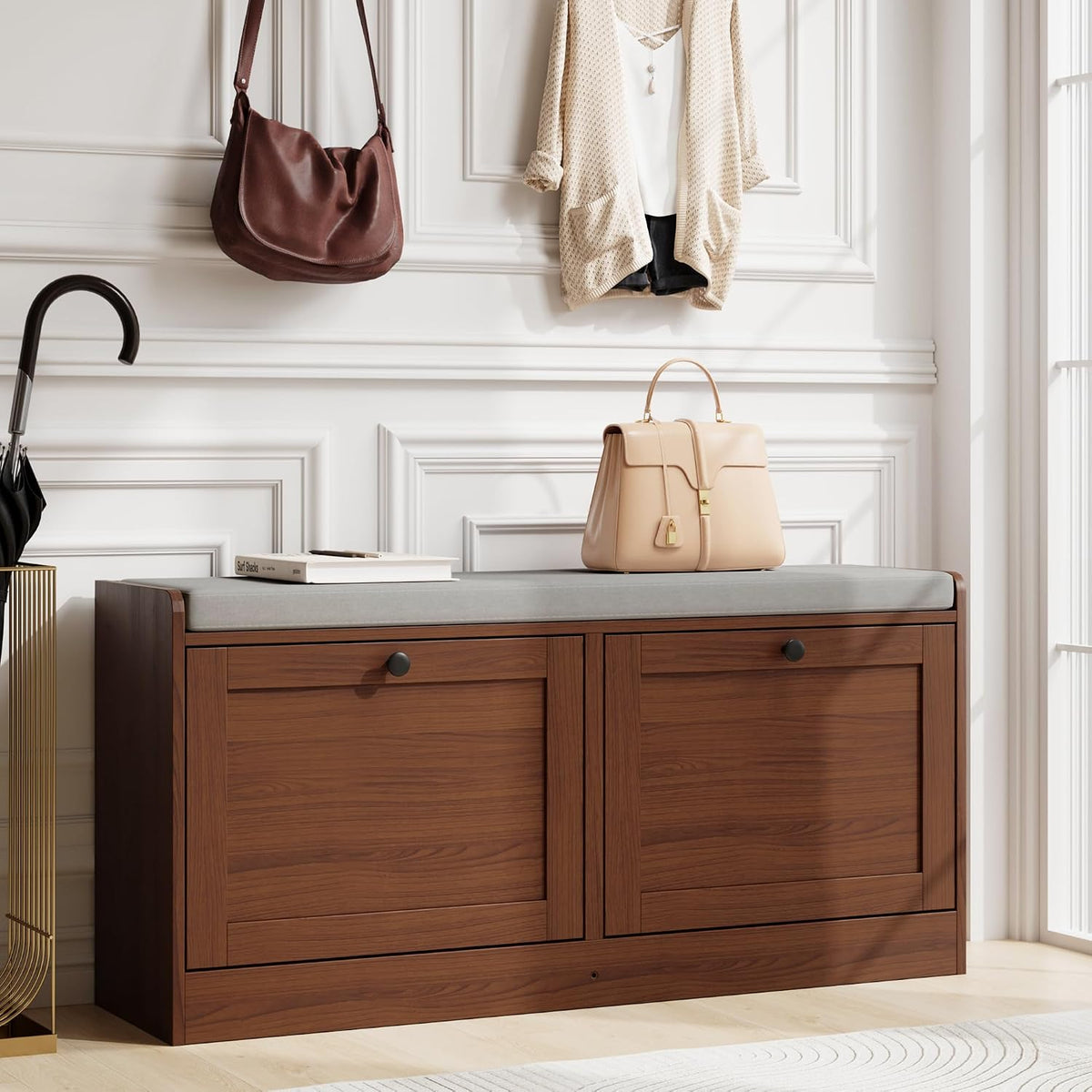 Brown Wooden Entryway Storage Shoe Bench
