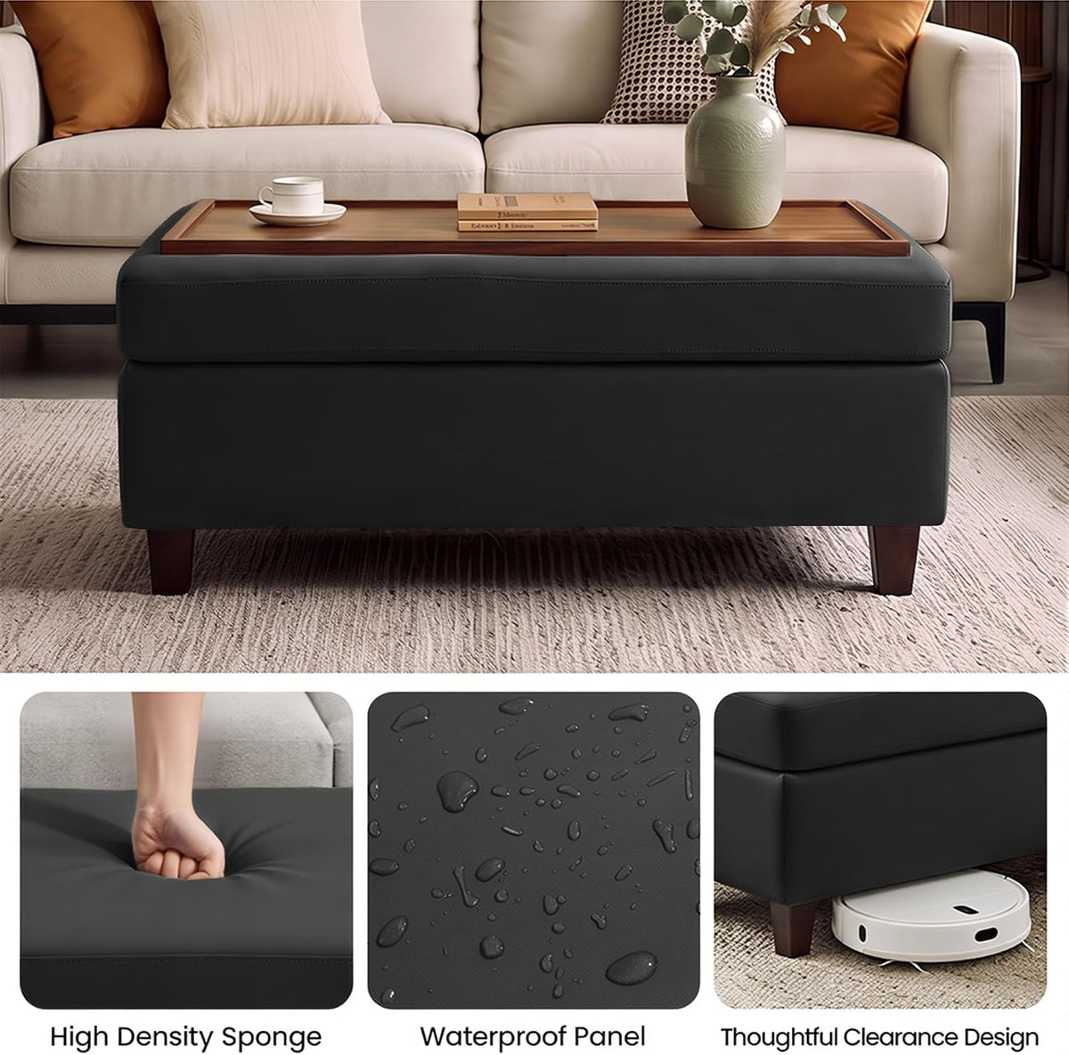 45" Leather Ottoman Bench with Reversible Wooden Tray