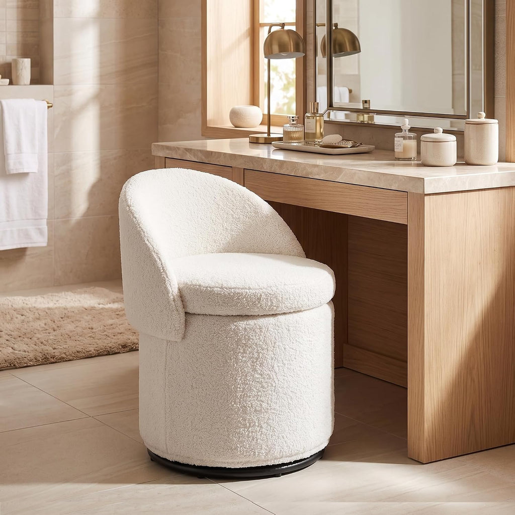 White Sherpa Swivel Vanity Storage Stool