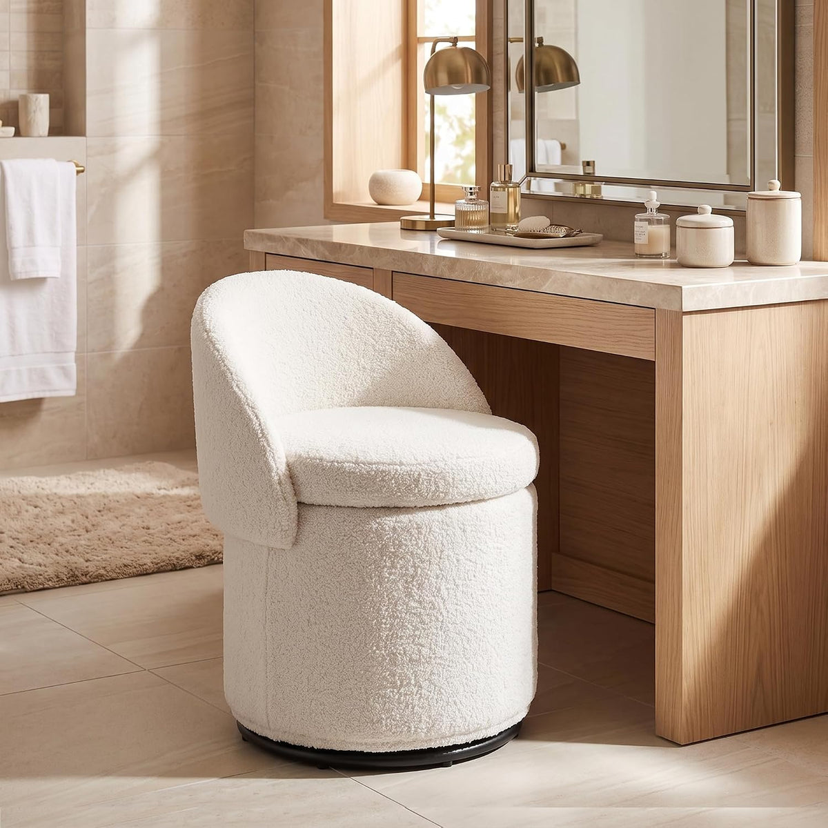 White Sherpa Swivel Vanity Storage Stool
