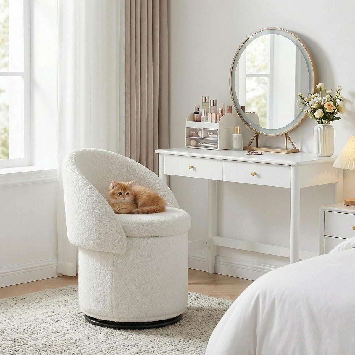 White Sherpa Swivel Vanity Storage Stool