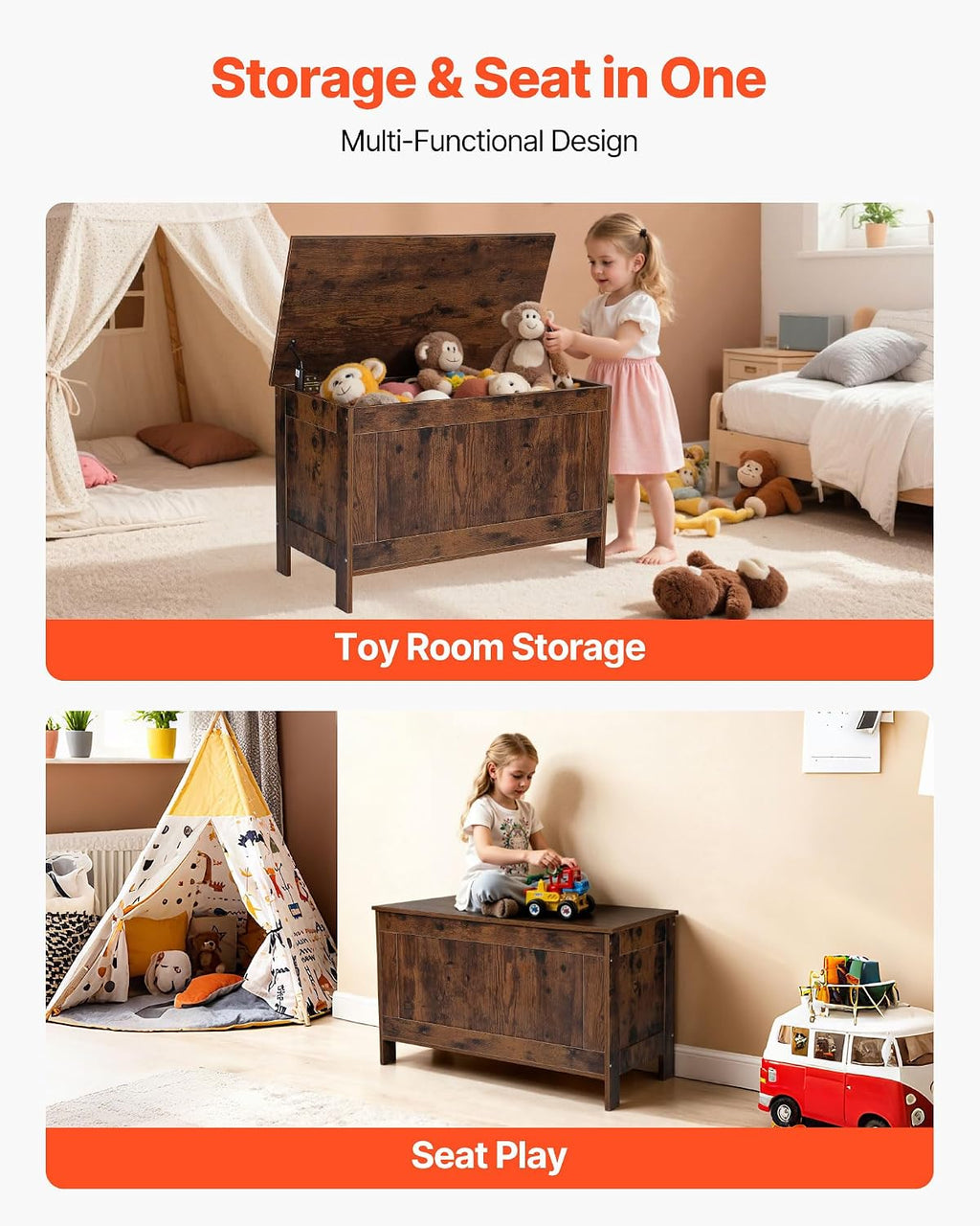 29.7" Kids Wooden Toy Chest Bench with Safety Hinge