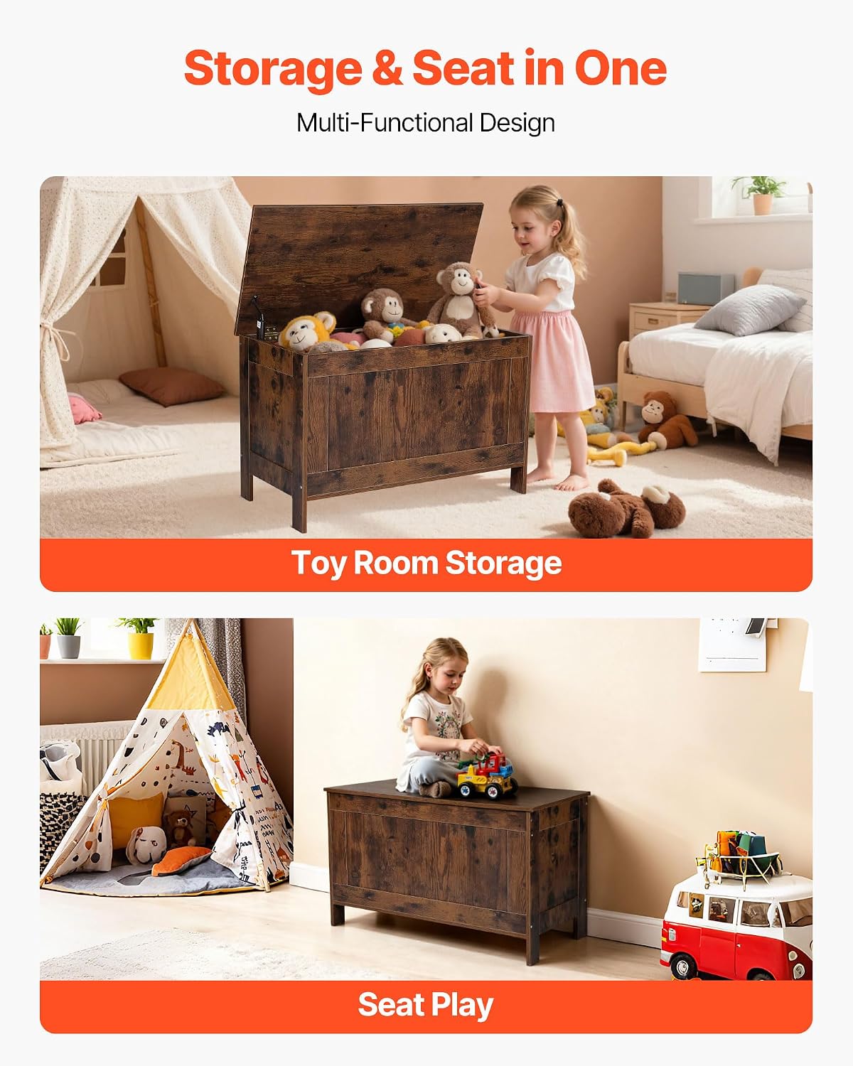 29.7" Kids Wooden Toy Chest Bench with Safety Hinge