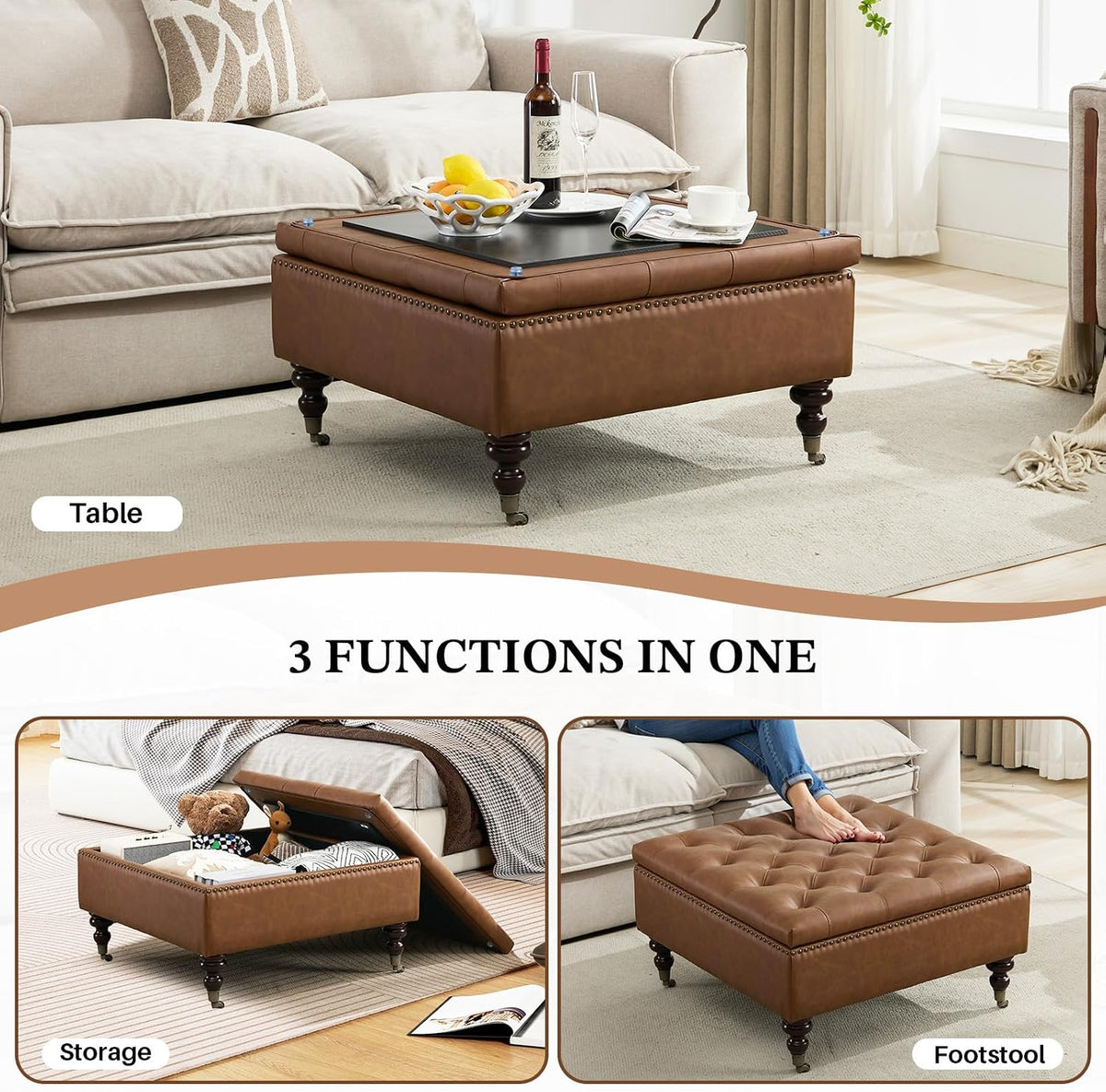 Large Square Leather Storage Ottoman