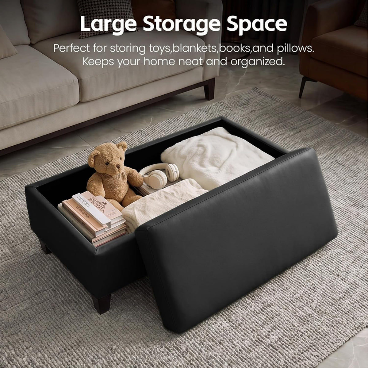 45" Leather Ottoman Bench with Reversible Wooden Tray