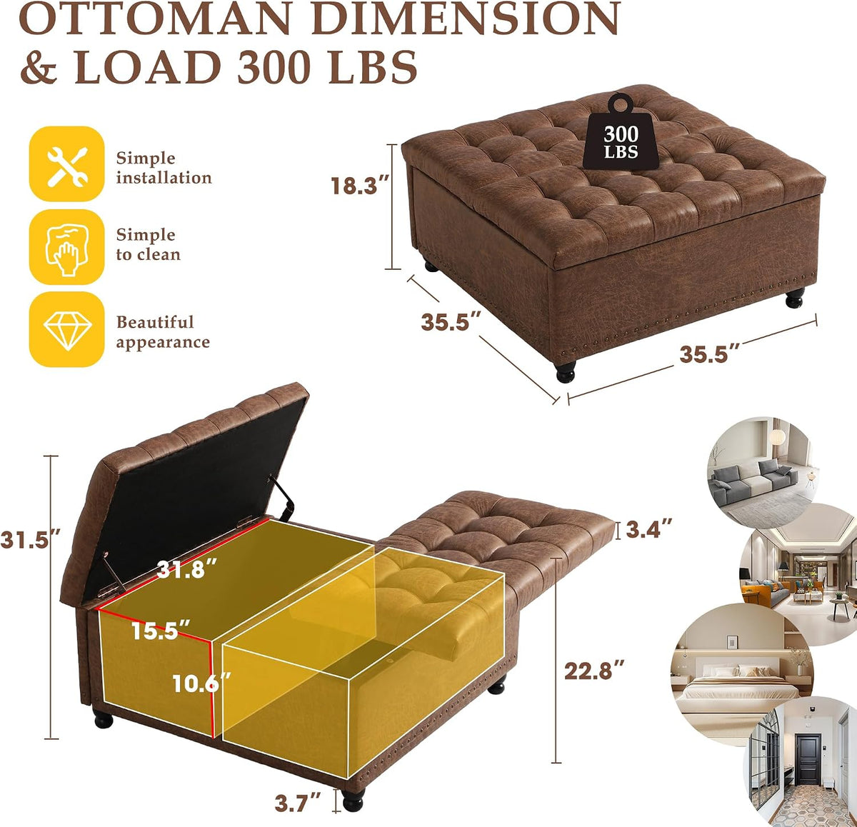 36" Square Tufted Storage Ottoman with Lift Top