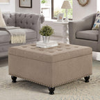 Khaki Large Square Linen Tufted Storage Ottoman