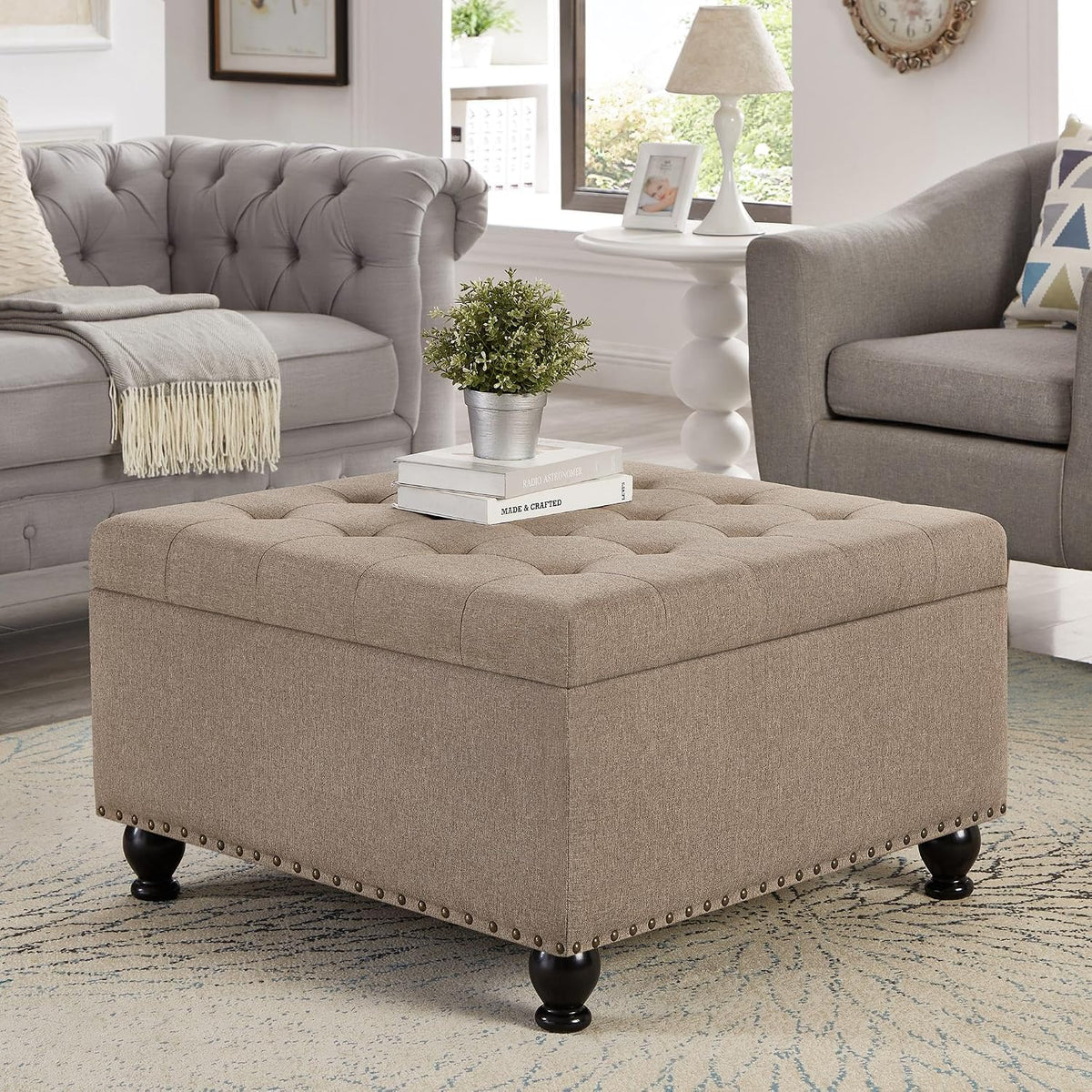 Khaki Large Square Linen Tufted Storage Ottoman