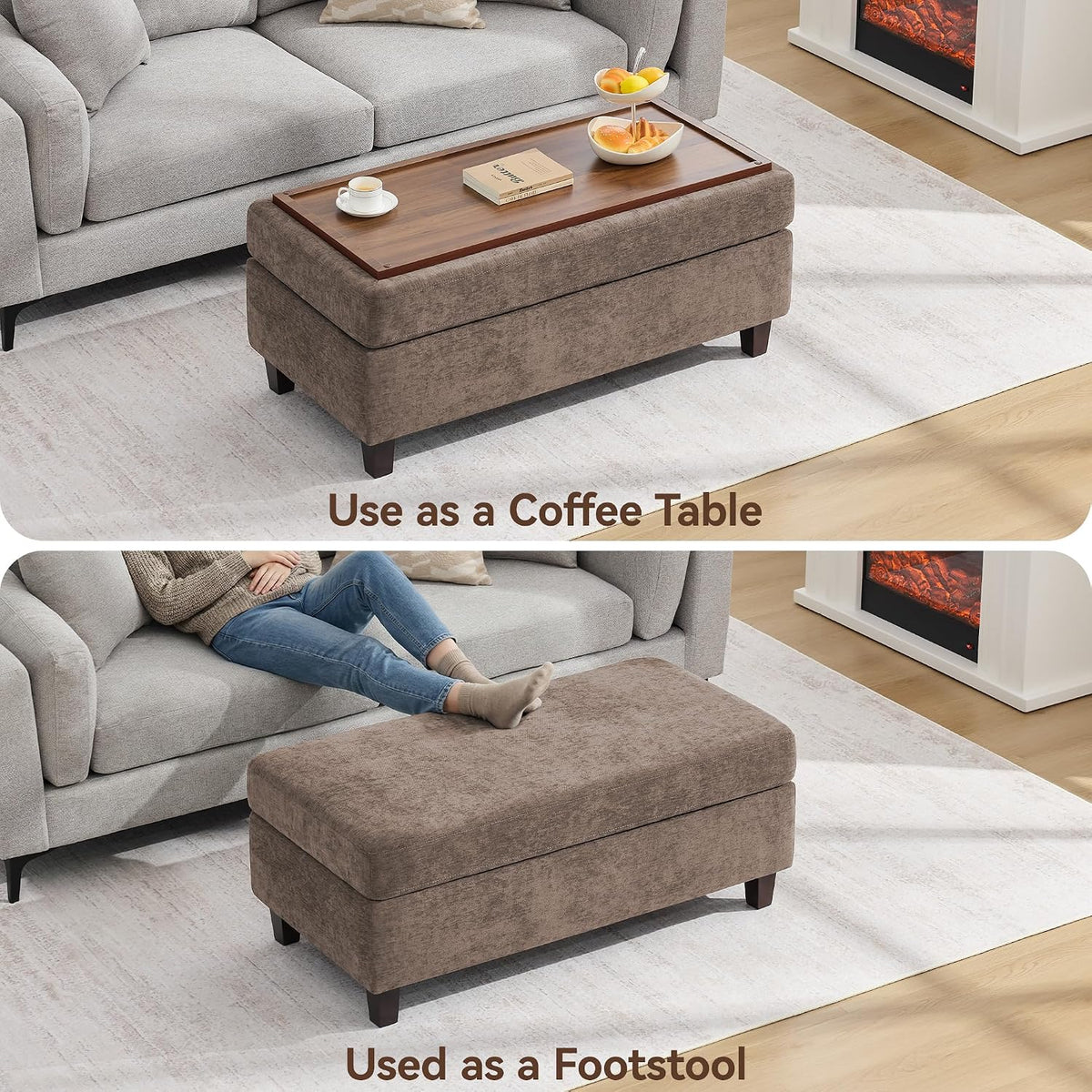 45" Storage Ottoman Bench with Wooden Tray