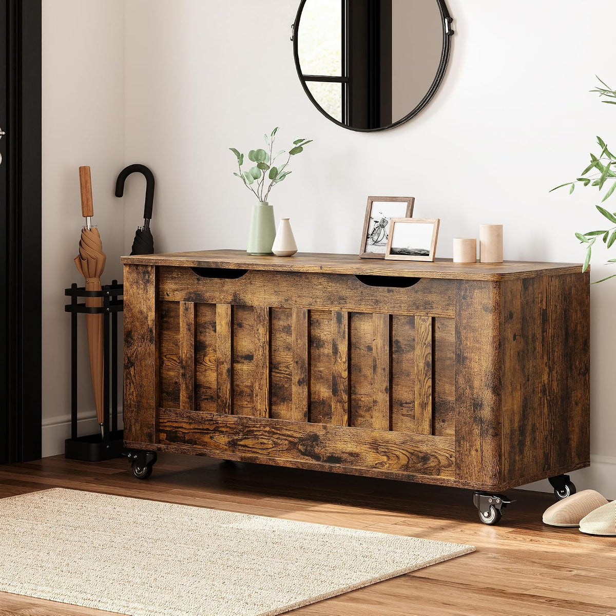 39.4" Wooden Storage Chest Bench with 4 Wheels