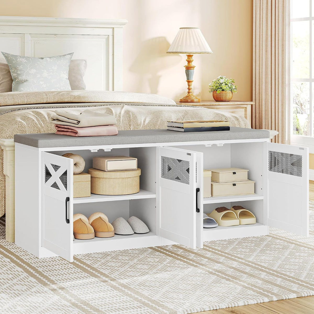 47.2" Shoe Bench with 4 Barn Doors & Padded Seat