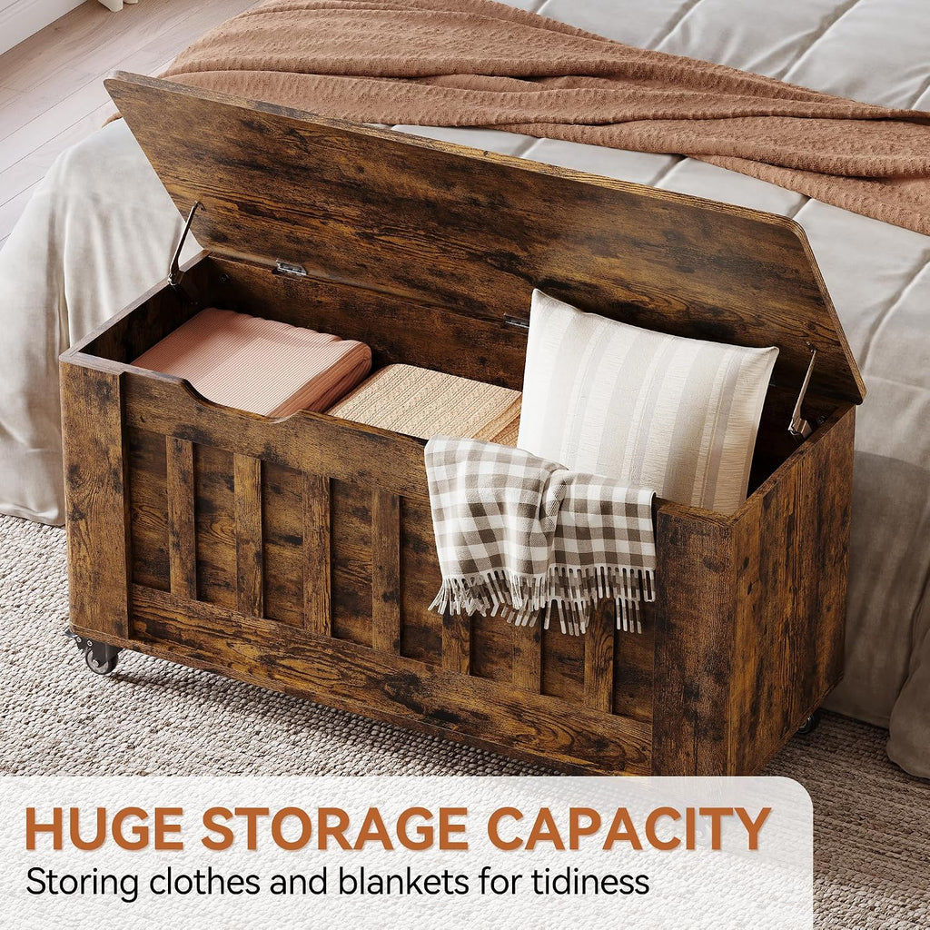 39.4" Wooden Storage Chest Bench with 4 Wheels