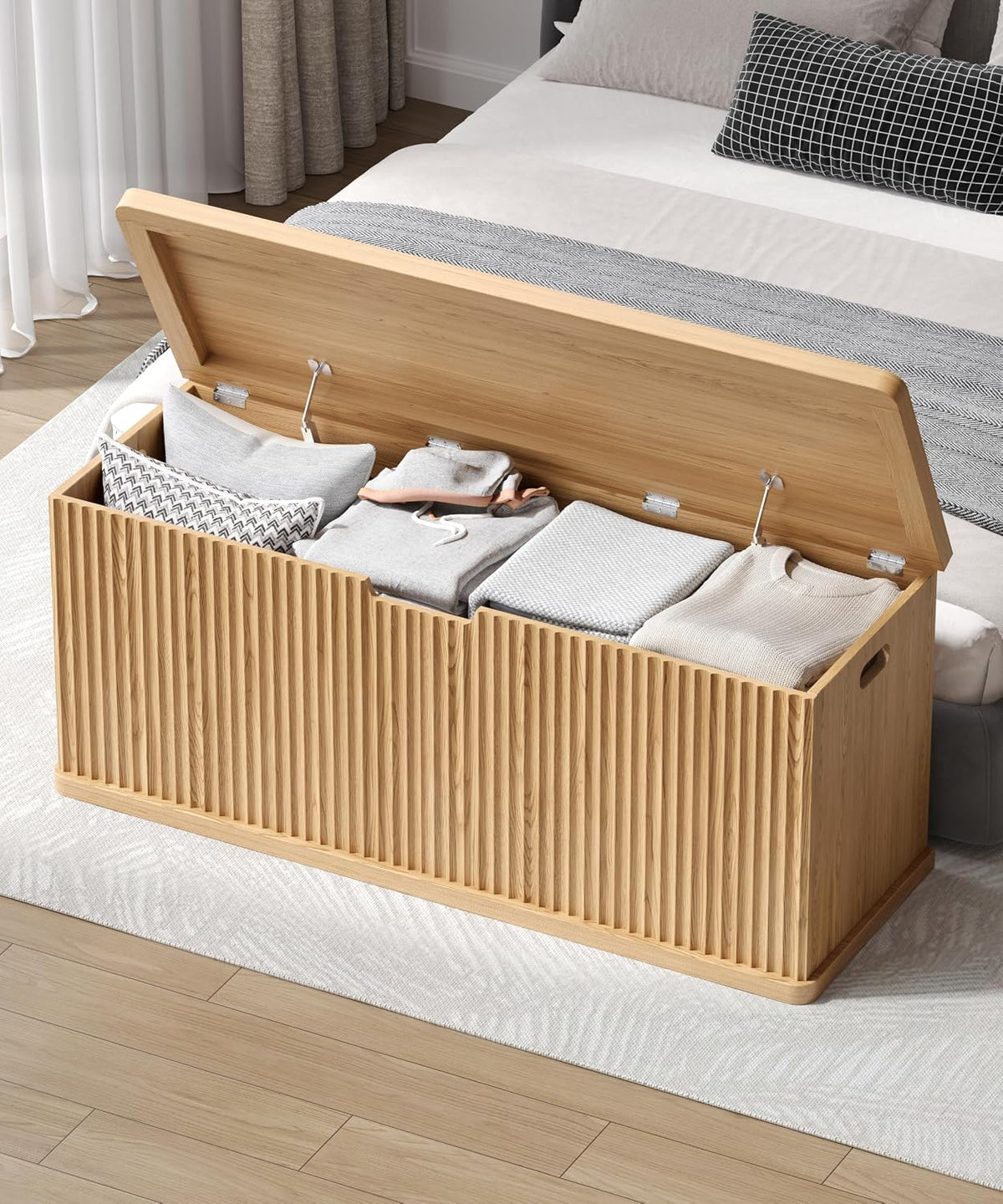 Oak 45.3" Fluted Wooden Storage Chest Bench
