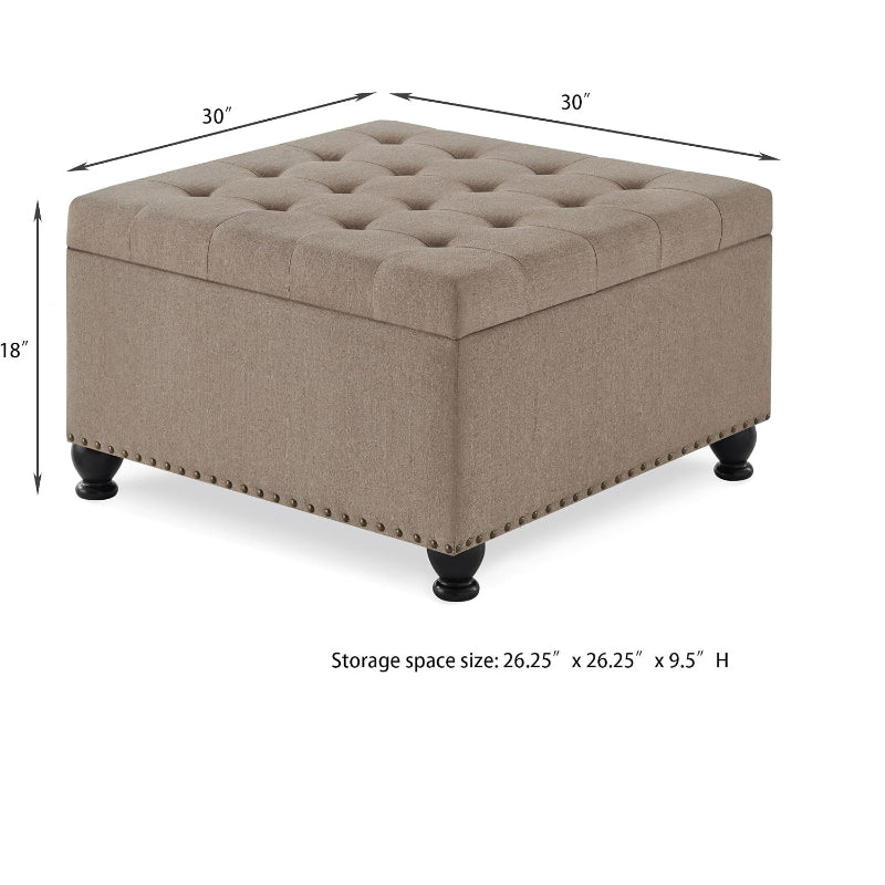 Khaki Large Square Linen Tufted Storage Ottoman
