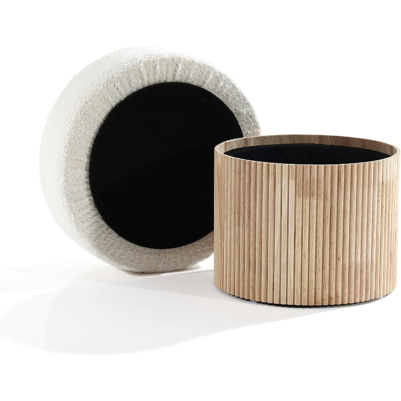 Small Fluted‑Wood Base Padded Storage Ottoman