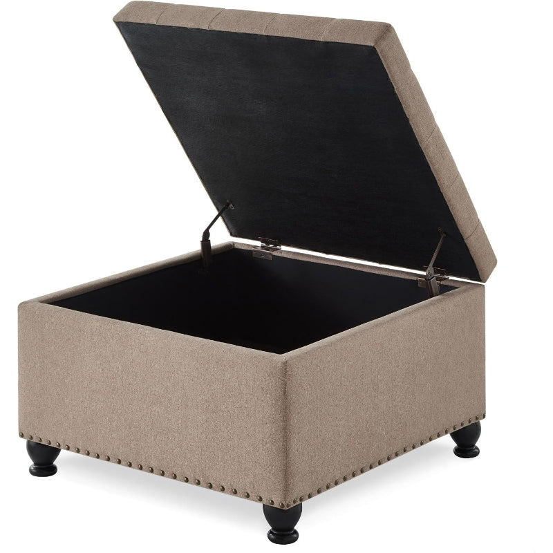 Khaki Large Square Linen Tufted Storage Ottoman